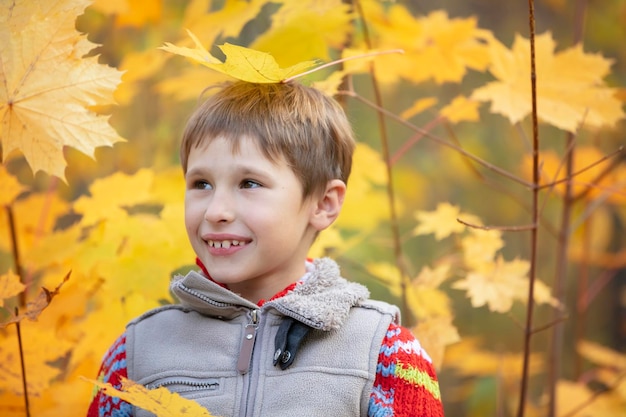 Un niño con hojas de arce otoñales Un niño paseando Temporada de otoño