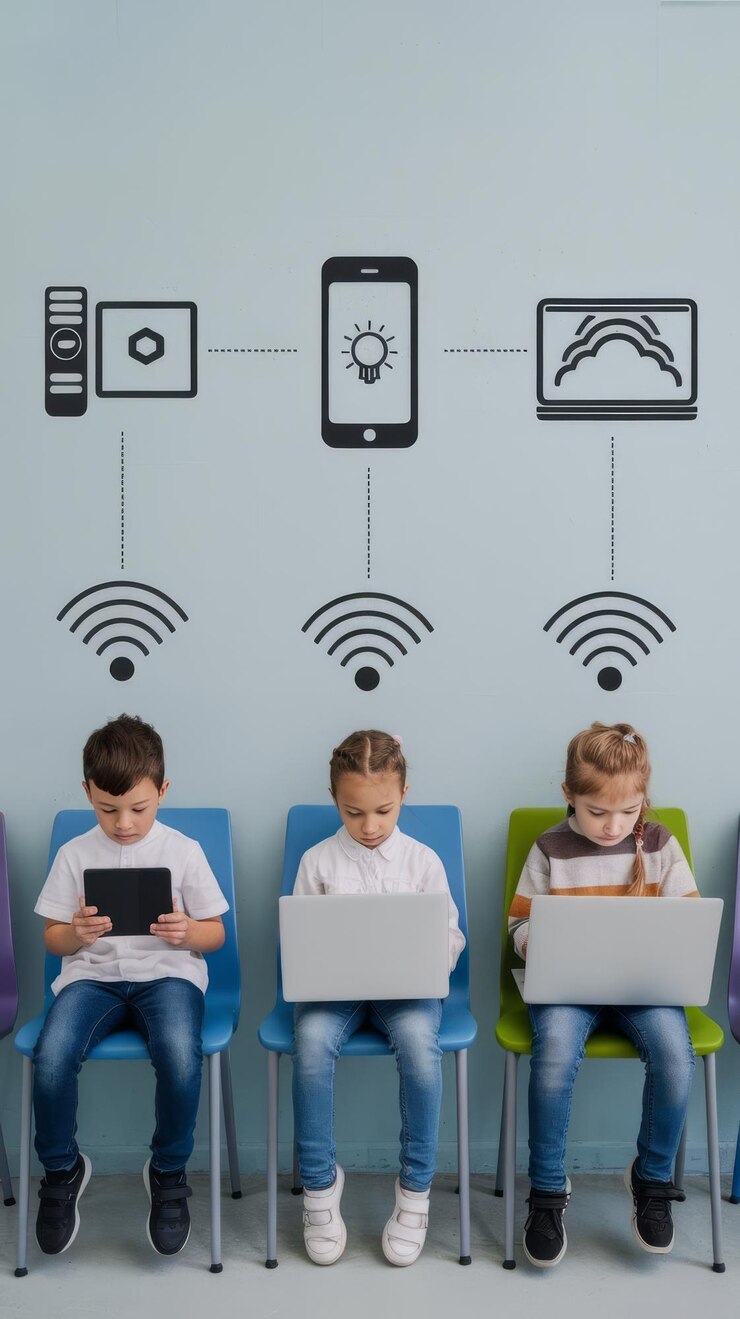 Foto el niño de hoy está más conectado que nunca. fotografía de estudio de niños sentados en computadoras y usando cable.