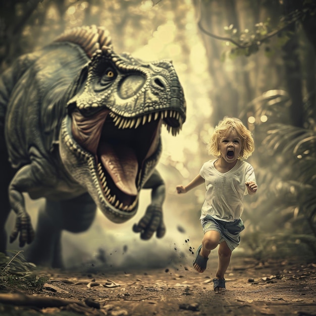 Foto un niño huyendo de un dinosaurio