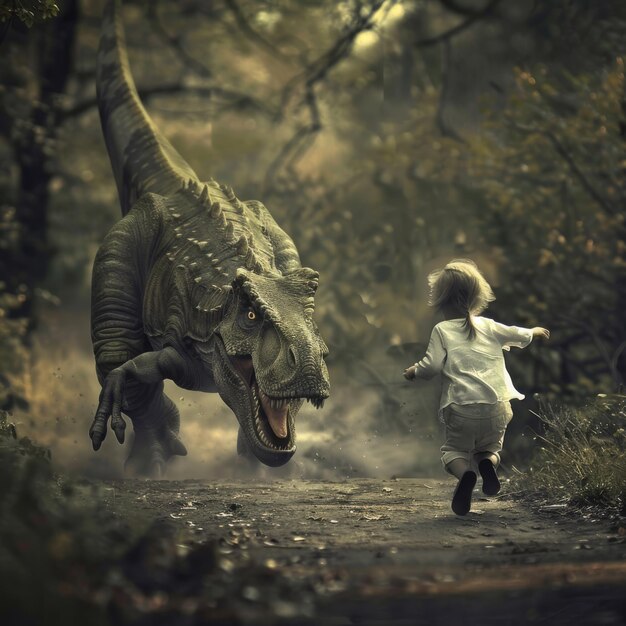 Foto un niño huyendo de un dinosaurio