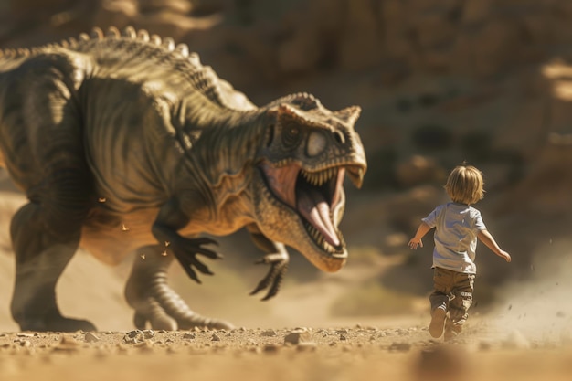 Foto un niño huyendo de un dinosaurio