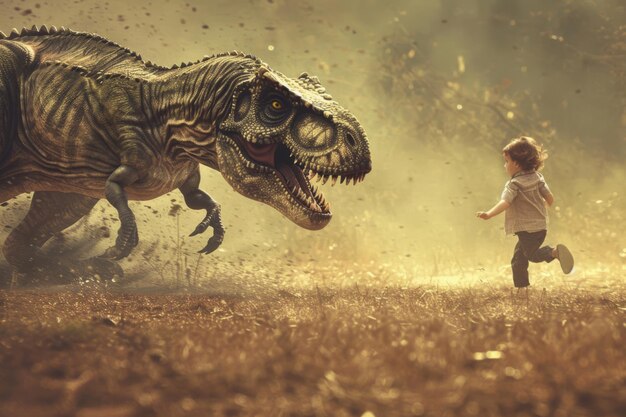 Foto un niño huyendo de un dinosaurio