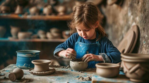 Niño de IA generativa con manos de arcilla haciendo una olla de cerámica en el estudio del taller de cerámica