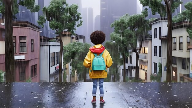 Niño con impermeable y mochila Concepto de regreso a la escuela AI generado