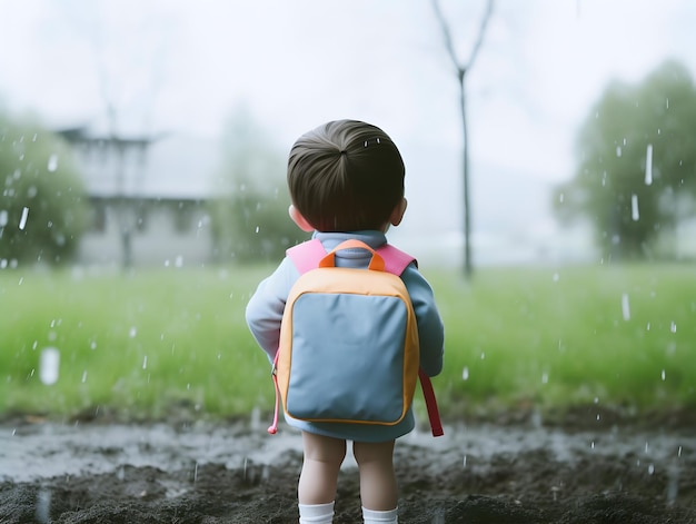 Niño con impermeable y mochila Concepto de regreso a la escuela AI generado