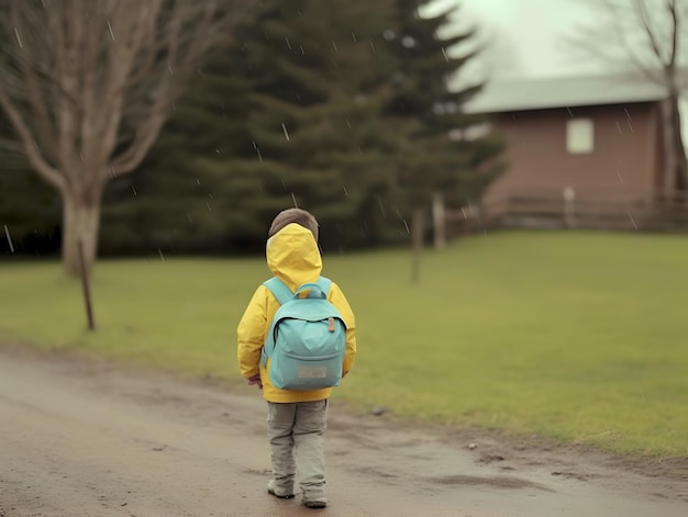 Foto niño con impermeable y mochila concepto de regreso a la escuela ai generado