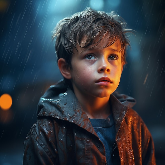 un niño con un impermeable de pie en la lluvia