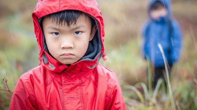 Foto un niño en un impermeable rojo está de pie en un campo con la cabeza hacia abajo