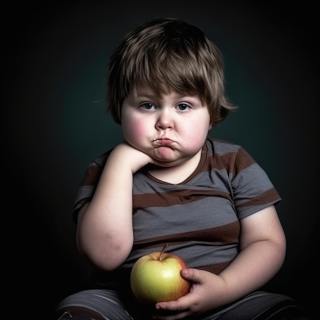 Foto niño sin impresión con manzana mostrando aburrimiento