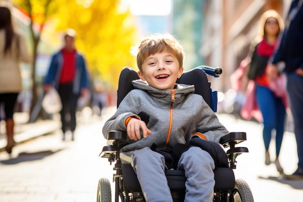 Niño inclusivo en silla de ruedas en una calle de la ciudad en otoño