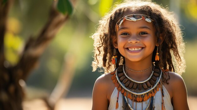 Niño indígena sonriente vistiendo un collar tradicional