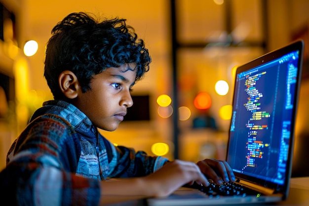 Un niño indio absorto en codificar o programar en su portátil explorando el mundo de la tecnología y perfeccionando sus habilidades en ciencias de la computación o desarrollo de software desde una edad temprana