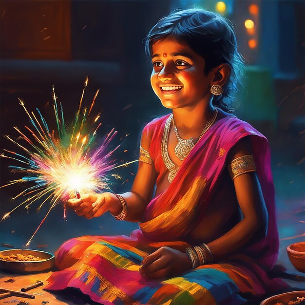 Foto niño indio celebrando diwali disparando galletas con vestidos coloridos en la noche colores vívidos