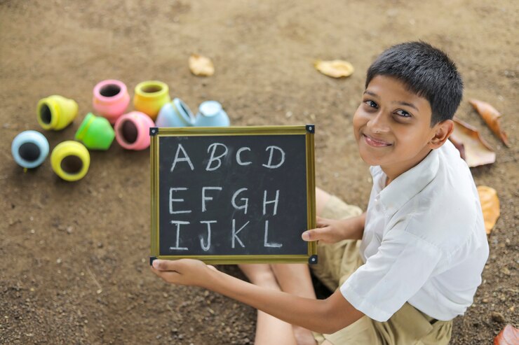 Foto niño indio escribiendo el alfabeto abcd en la pizarra