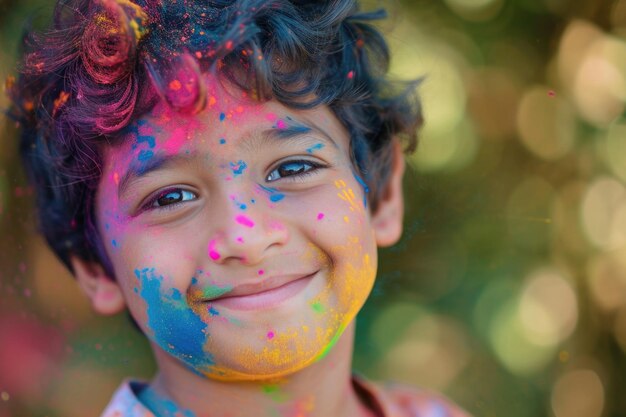 Niño indio feliz jugando Holi con colores