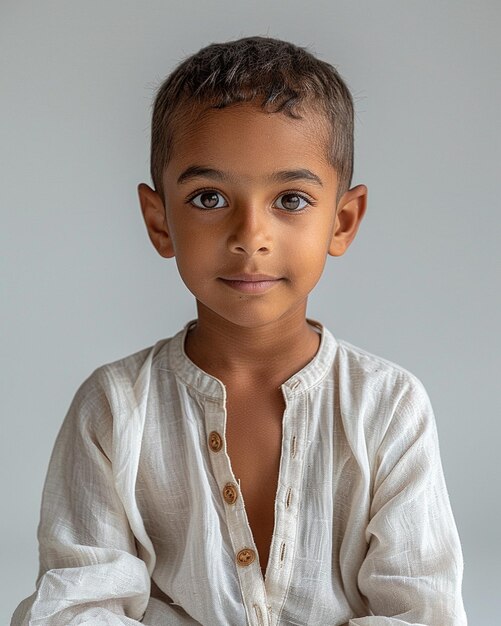 Foto un niño indio en un fondo blanco sólido