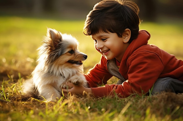 Niño indio jugando con perro mascota