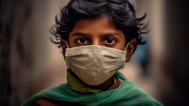 Un niño indio con máscara protectora covid 19