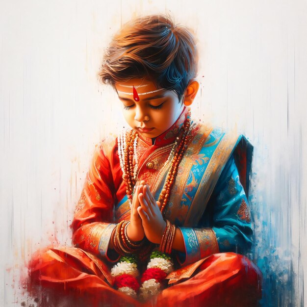 Niño indio orando con ropa tradicional