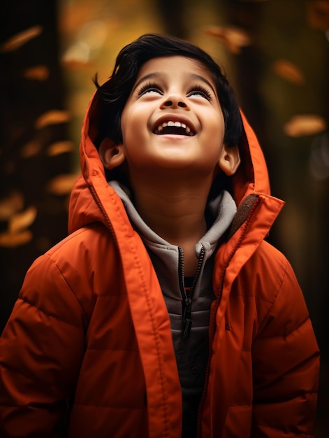 Niño indio en pose dinámica emocional juguetona sobre fondo de otoño