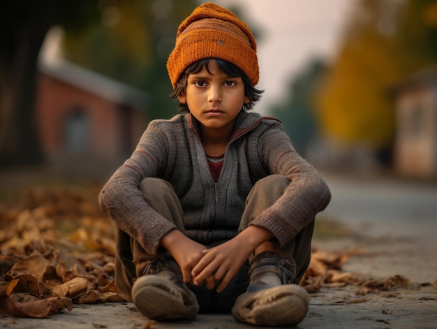 Niño indio en pose dinámica emocional juguetona sobre fondo de otoño