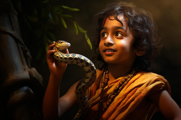 Un niño indio toca una flauta para una serpiente cobra Cultura y tradiciones indias generadas por IA