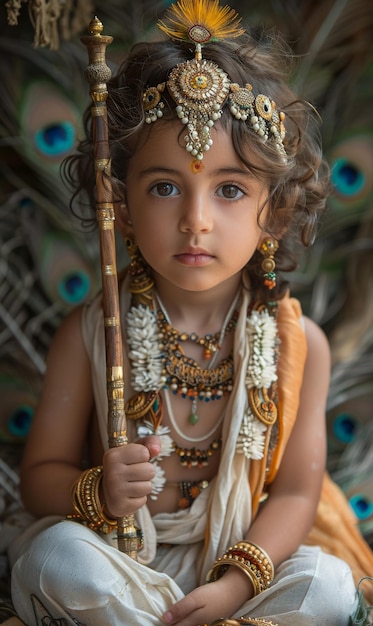 Niño indio vestido como la deidad budista Señor Rama Shiva Buda Hinduismo traje religioso tradicional