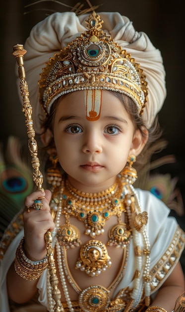 Niño indio vestido como la deidad budista Señor Rama Shiva Buda Hinduismo traje religioso tradicional