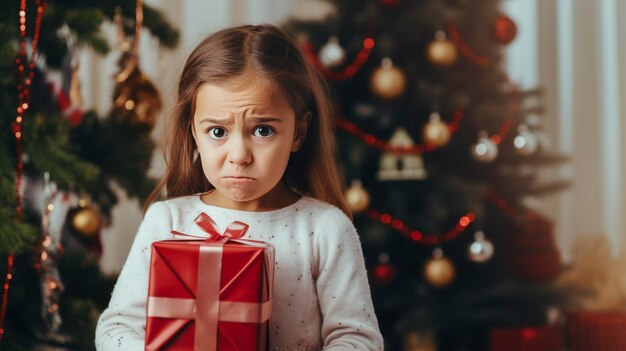 Niño infeliz con regalo en las manos bajo el pino de Navidad en casa