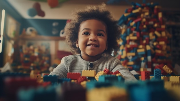Un niño inmerso en un mundo de bloques de construcción coloridos haciendo algo increíble generado por la IA