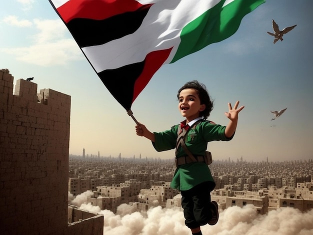 Foto niño inocente sosteniendo bandera de palestina como ángulo y volando en el cielo