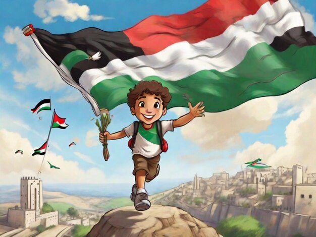 Foto niño inocente sosteniendo bandera de palestina como ángulo y volando en el cielo