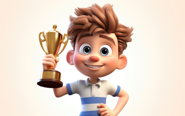 Foto niño inspirador con un trofeo en la mano y disfruta del movimiento ganador personaje 3d