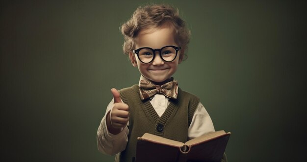 Un niño inteligente con gafas y un traje sostiene un libro abierto da un pulgar hacia arriba generado por la IA