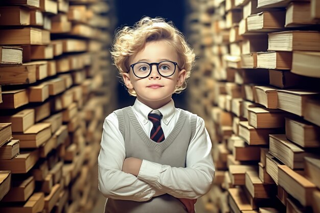 Niño inteligente rodeado de libros Aprendizaje y Educación Concepto Generativo Ai