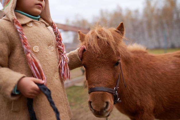 Niño irreconocible pasar tiempo con pony castaño en tiro horizontal de la granja de caballos
