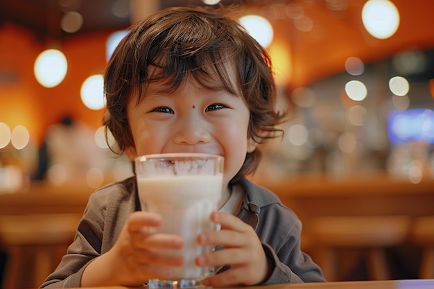 Un niño japonés feliz con un vaso de leche aislado sobre un fondo naranja