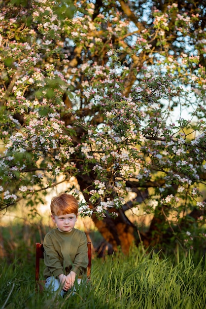 Niño en el jardín al atardecer en primavera