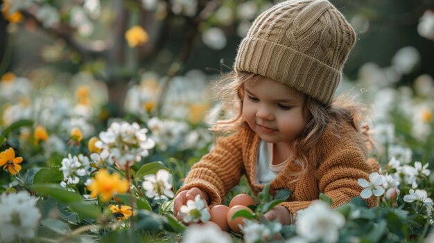 Niño en el jardín en la caza de huevos de Pascua