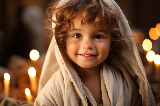 Foto el niño jesús en el templo de jerusalén contra el telón de fondo de las velas