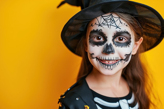Un niño joven alegre en un disfraz de esqueleto con una pintura de cara lúdica celebrando Halloween contra