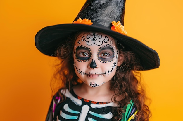 Un niño joven alegre en un disfraz de esqueleto con una pintura de cara lúdica celebrando Halloween contra