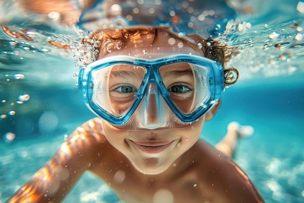 Foto un niño joven alegre con gafas azules nada bajo el agua en una piscina rodeada de agua azul clara la escena captura la alegría y la diversión de las actividades acuáticas de verano