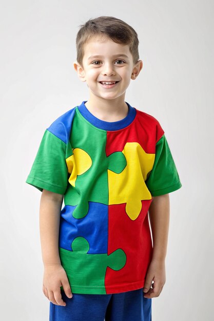 Foto un niño joven con una camisa colorida con un patrón de rompecabezas en él