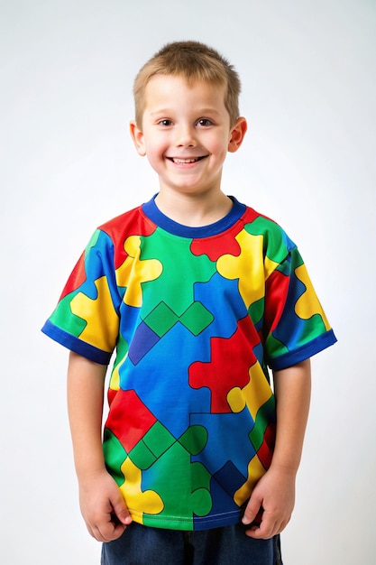 Foto un niño joven con una camisa colorida con un patrón de rompecabezas en él