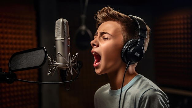 Niño joven cantando contra un fondo oscuro con luces apagadas