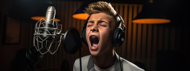 Niño joven cantando contra un fondo oscuro con luces apagadas