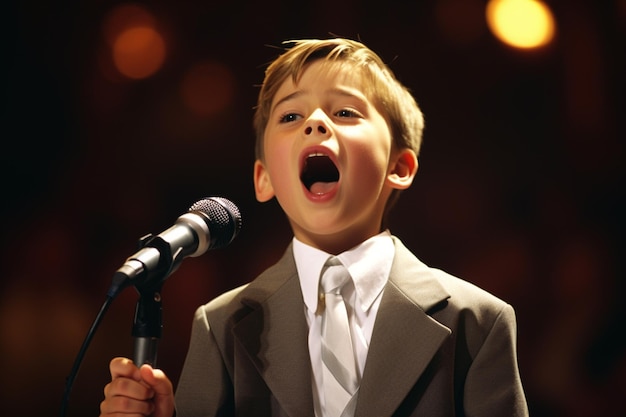 un niño joven cantando en el fondo al estilo bokeh