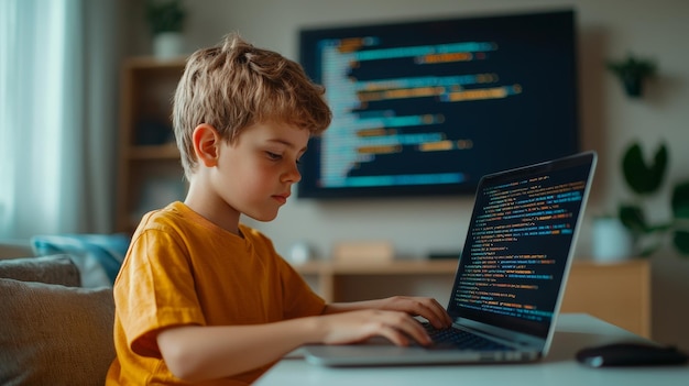 Niño joven codificando en una computadora portátil en casa enfocada en la expresión pantalla de codificación de espacio de trabajo moderno en el fondo