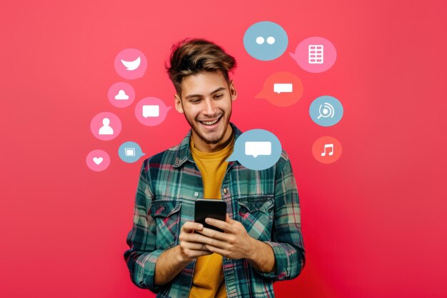 Foto un niño joven comunicando en las redes sociales aislado en el fondo de color